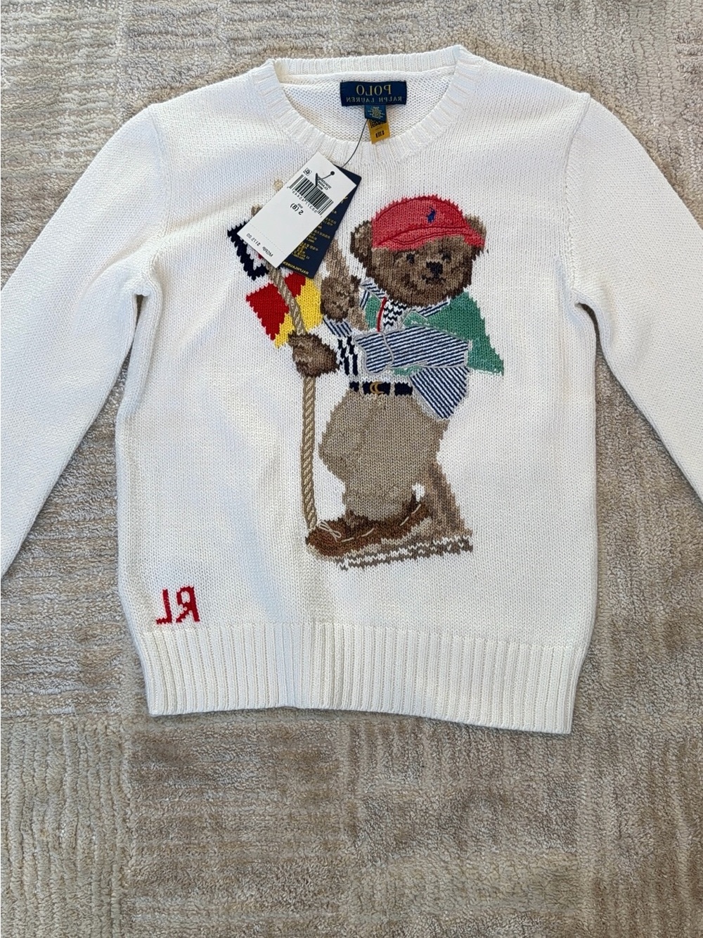 Ralph Lauren White Bear Intarsia Knit Sweater with Red Cap